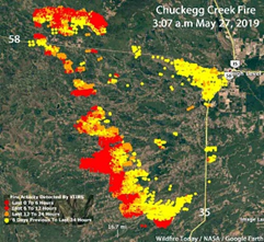 Map showing heat detected by a satellite on the Chuckegg Creek Fire ...